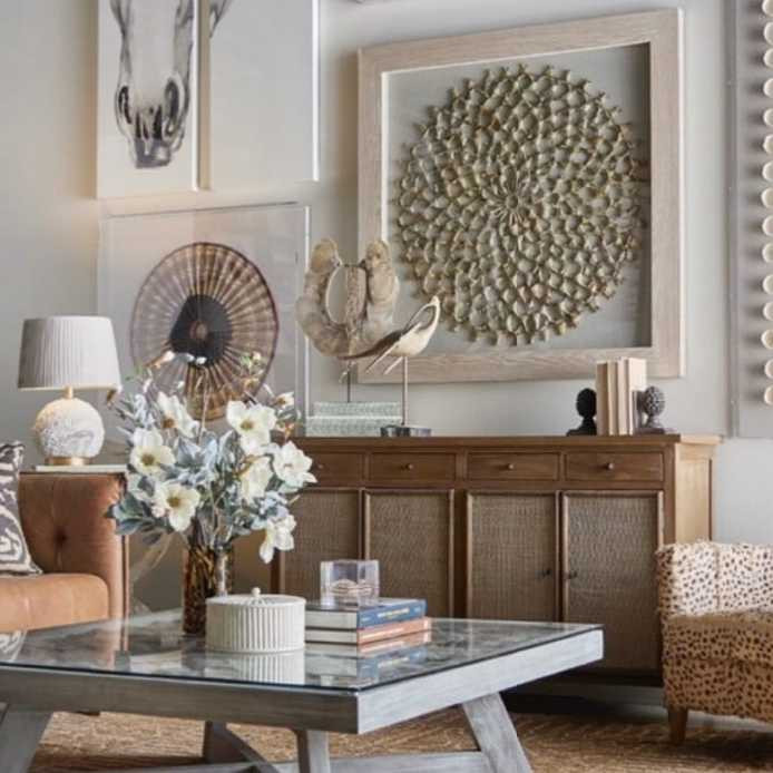 The Hayes sideboard adorned with coastal-themed decor, emphasizing its versatility and ability to enhance a beach-inspired living space.