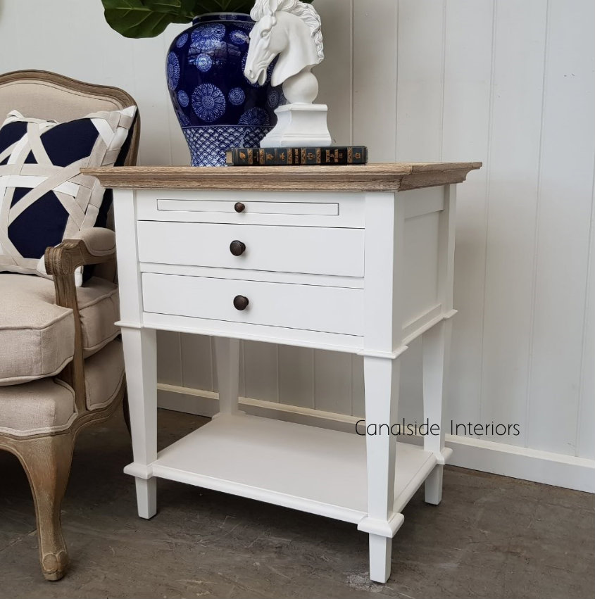 Butler Side Table Bedside White with Limewash Top BEDROOM, TABLES Side Tables, LIVING Coffee & Side Tables, BEDROOM Bedsides
