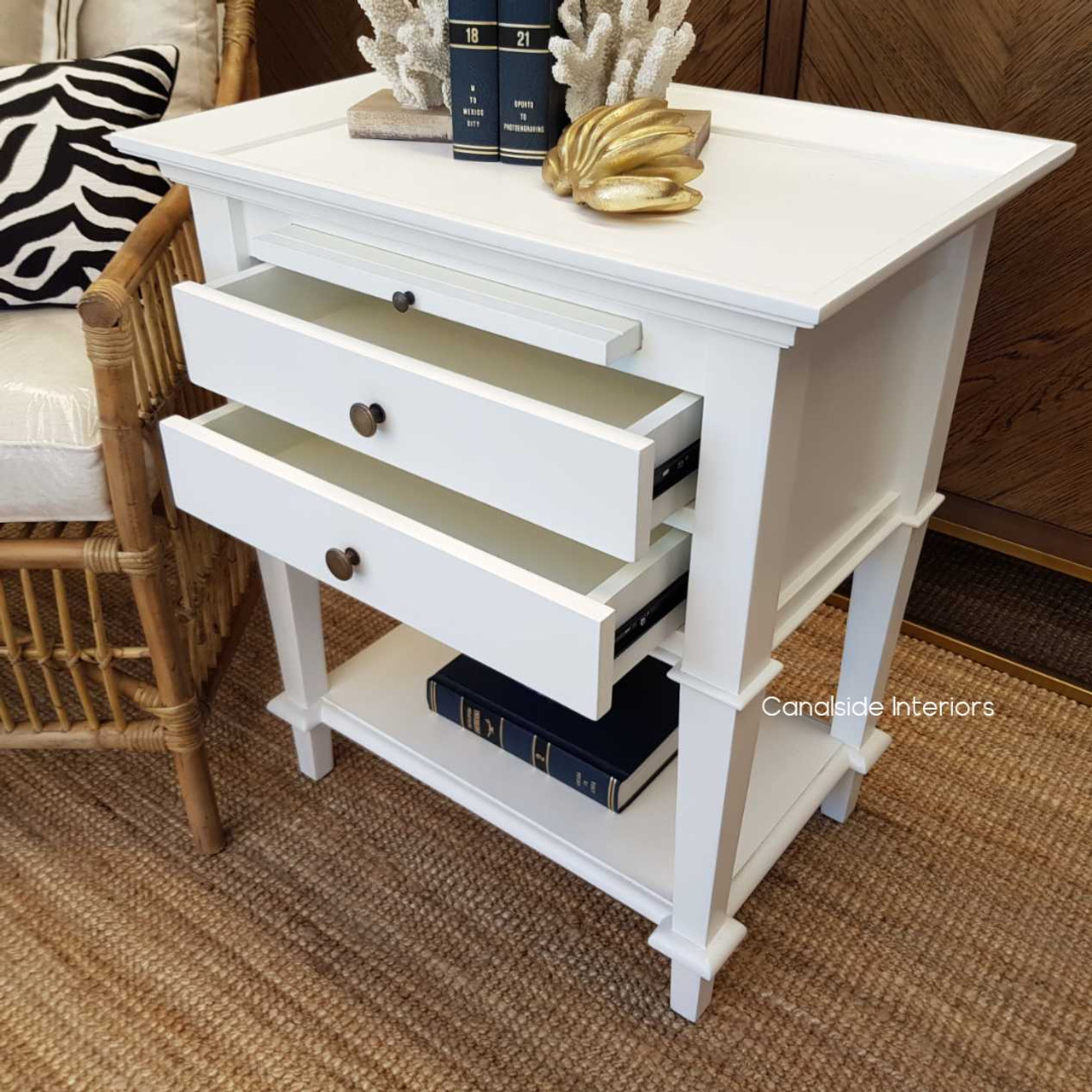 Close-up of the two spacious drawers, emphasizing the smooth operation on metal runners and ample storage capacity.