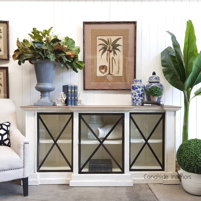 Middleton Glass Sideboard Distressed Stone Weathered Oak Top  HAMPTONS Style, PLANTATION Style, LIVING Room, LIVING TV Media & Storage, TABLES Sideboards & Buffets, STORAGE, STORAGE Sideboards & Buffets, PLANTATION STYLE