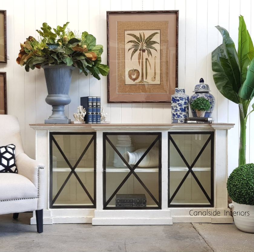 Middleton Glass Sideboard Distressed Stone Weathered Oak Top  HAMPTONS Style, PLANTATION Style, LIVING Room, LIVING TV Media & Storage, TABLES Sideboards & Buffets, STORAGE, STORAGE Sideboards & Buffets, PLANTATION STYLE
