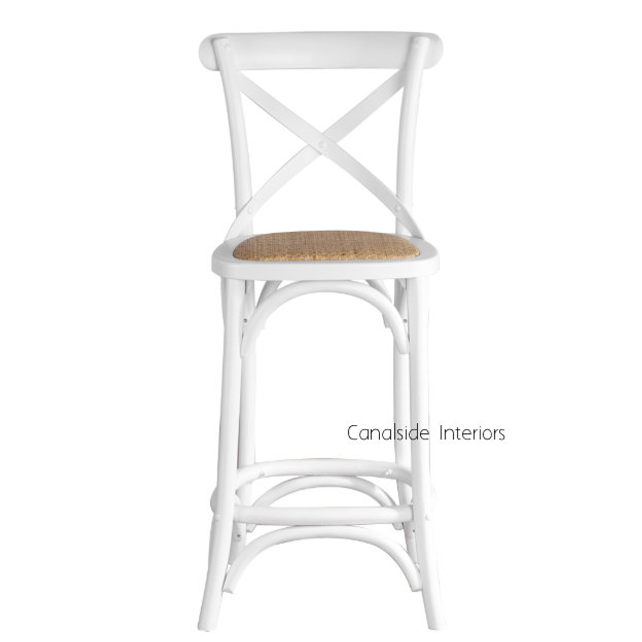 Profile view of the Canalside Interiors Kitchen Stool, where distressed white wood blends harmoniously with Hamptons-style home decors