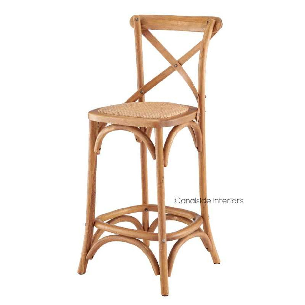 French Oak Natural Finish Cross Back Kitchen Stool with rattan seating, perfect for adding a touch of Hamptons sophistication to your dining room - Canalside Interiors.
