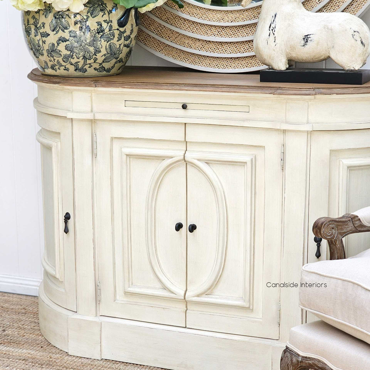 Lifestyle shot featuring the Bastian Sideboard in a homely setting, its classical design harmonizing with both modern and Hamptons-inspired interiors.