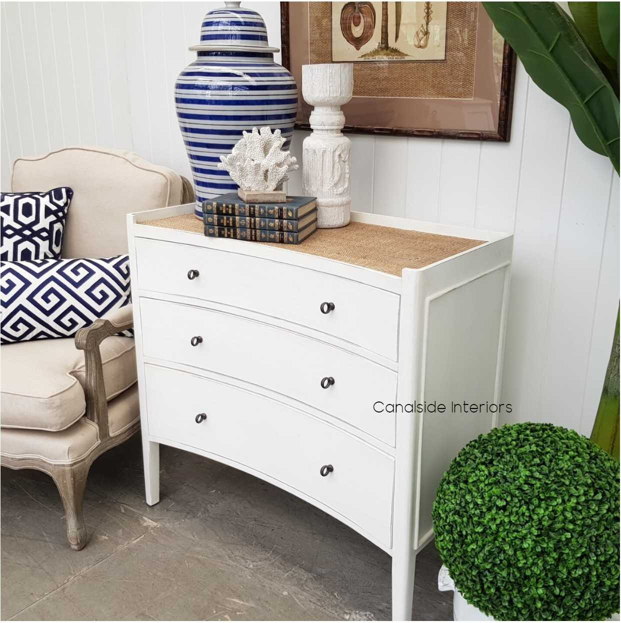Tweed Hill Rattan Concave Chest Distressed White  BEDROOM, BEDROOM Chests & Commodes, STORAGE, STORAGE Sideboards & Buffets, PLANTATION STYLE