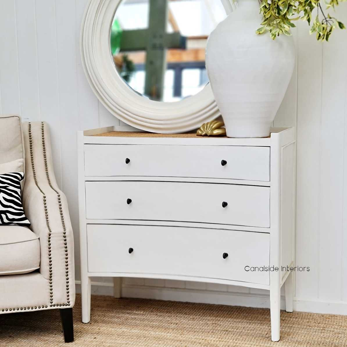 Tweed Hill Rattan Concave Chest Distressed White  BEDROOM, BEDROOM Chests & Commodes, STORAGE, STORAGE Sideboards & Buffets, PLANTATION STYLE