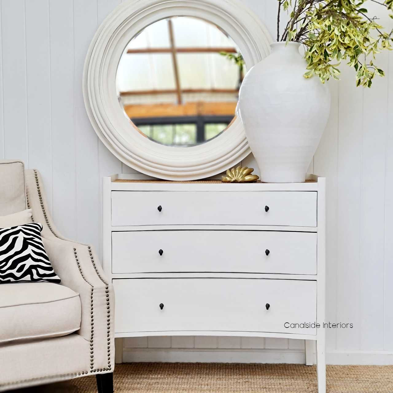 Tweed Hill Rattan Concave Chest Distressed White  BEDROOM, BEDROOM Chests & Commodes, STORAGE, STORAGE Sideboards & Buffets, PLANTATION STYLE