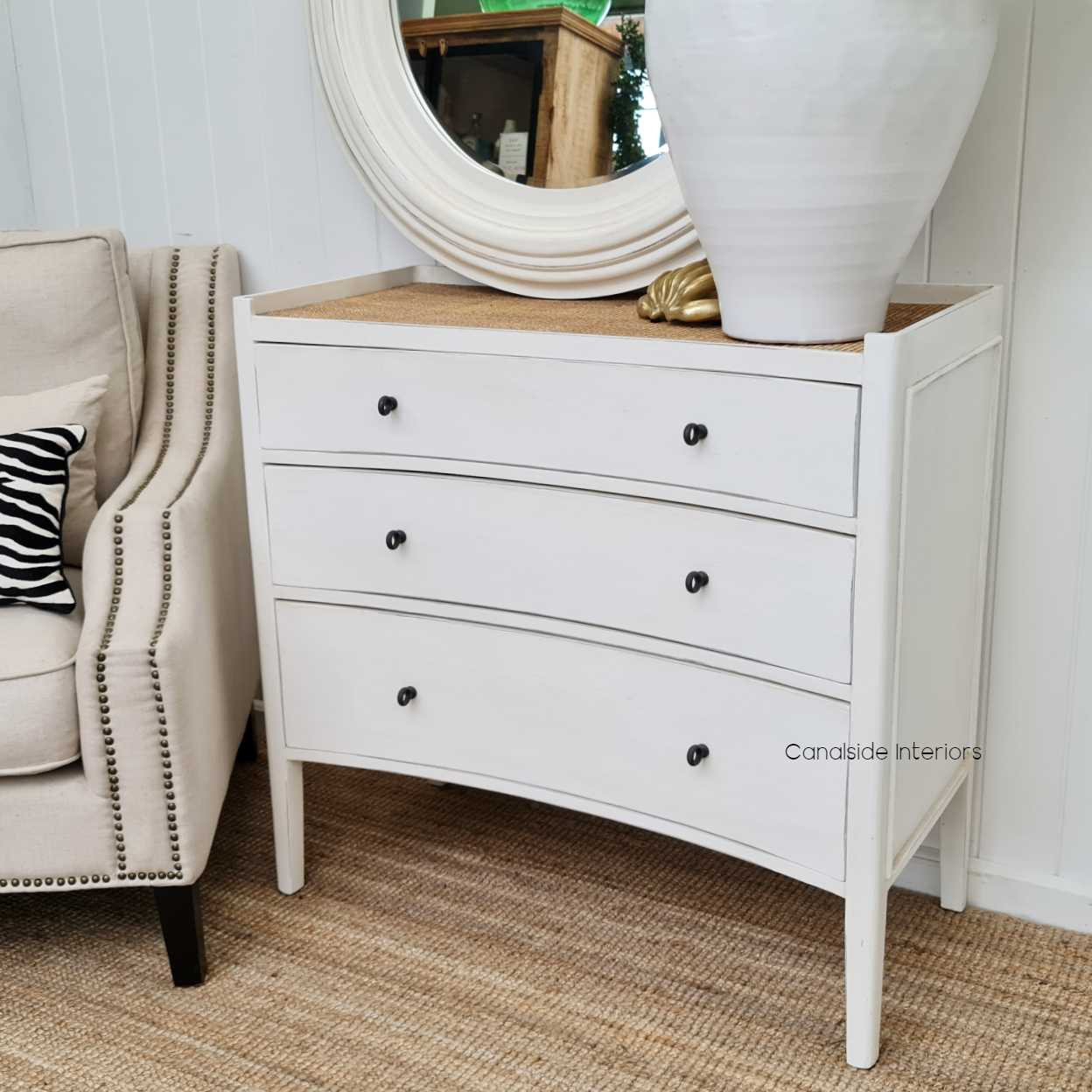 Tweed Hill Rattan Concave Chest Distressed White  BEDROOM, BEDROOM Chests & Commodes, STORAGE, STORAGE Sideboards & Buffets, PLANTATION STYLE