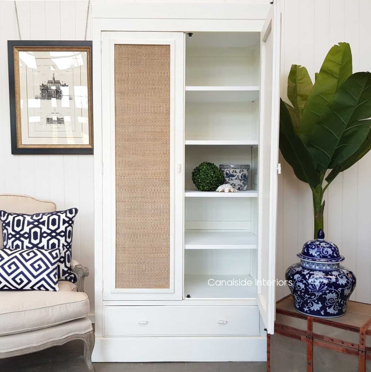 Tweed Hill Rattan Wardrobe Distressed White  BEDROOM, BEDROOM Wardrobes & Armoires, STORAGE, STORAGE Bookshelves & Cupboards, PLANTATION STYLE