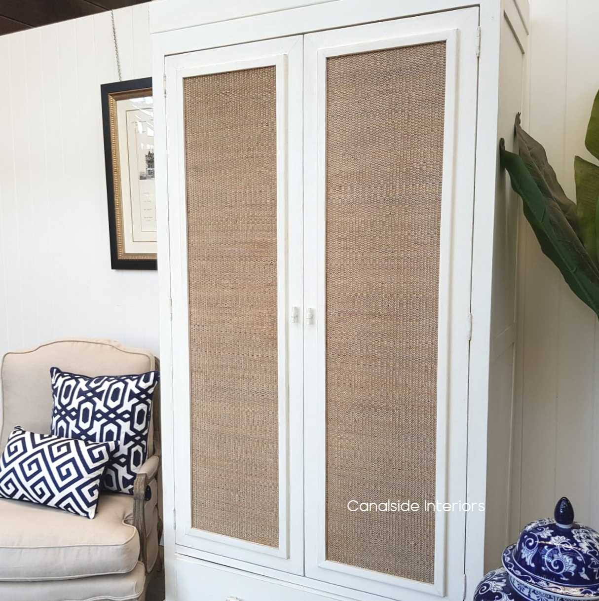 Tweed Hill Rattan Wardrobe Distressed White  BEDROOM, BEDROOM Wardrobes & Armoires, STORAGE, STORAGE Bookshelves & Cupboards, PLANTATION STYLE