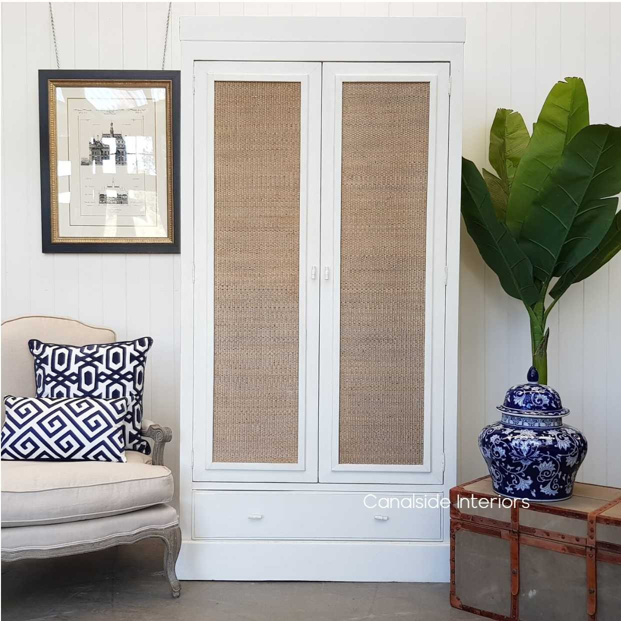 Tweed Hill Rattan Wardrobe Distressed White  BEDROOM, BEDROOM Wardrobes & Armoires, STORAGE, STORAGE Bookshelves & Cupboards, PLANTATION STYLE