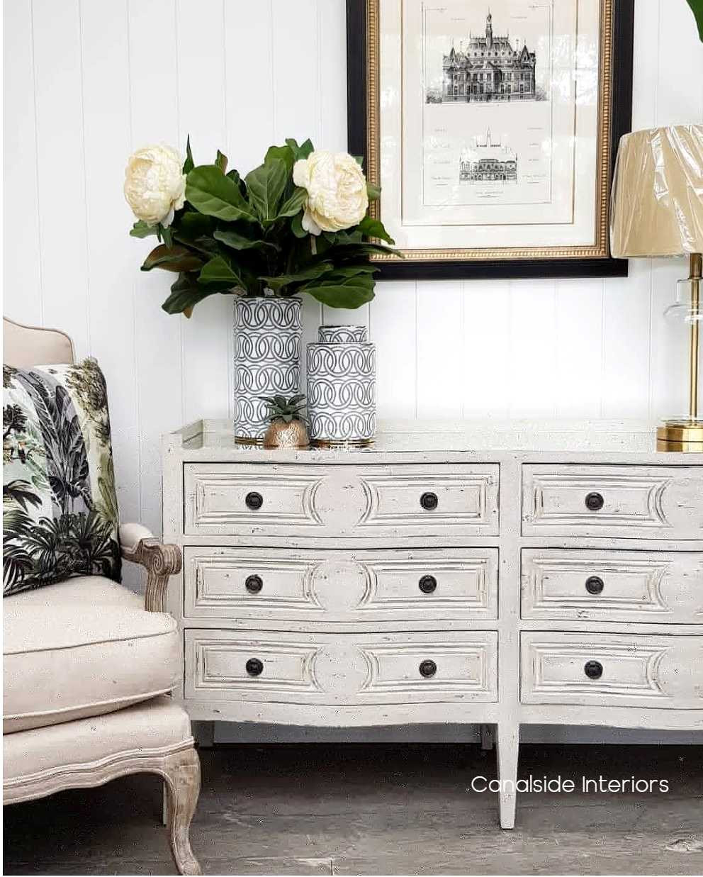 Classic French design reimagined for contemporary living, the Isobel Grande Chest in distressed grey anchors your space with style