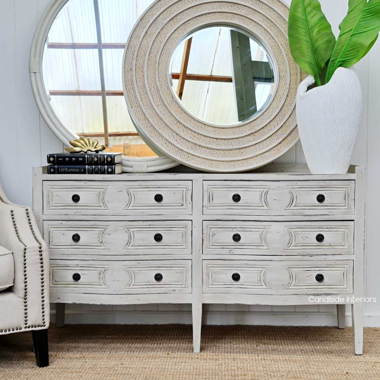 The expansive Isobel Grande Chest in a serene distressed grey hue brings a modern yet classical storage solution to your bedroom, resonating with Canalside Interiors' elegance