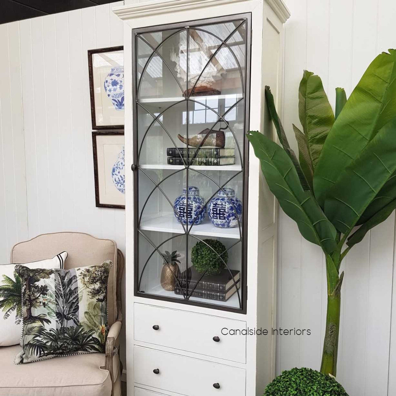 Side view showcasing the slim profile of the cabinet, ideal for adding sophistication to narrow spaces or hallways.