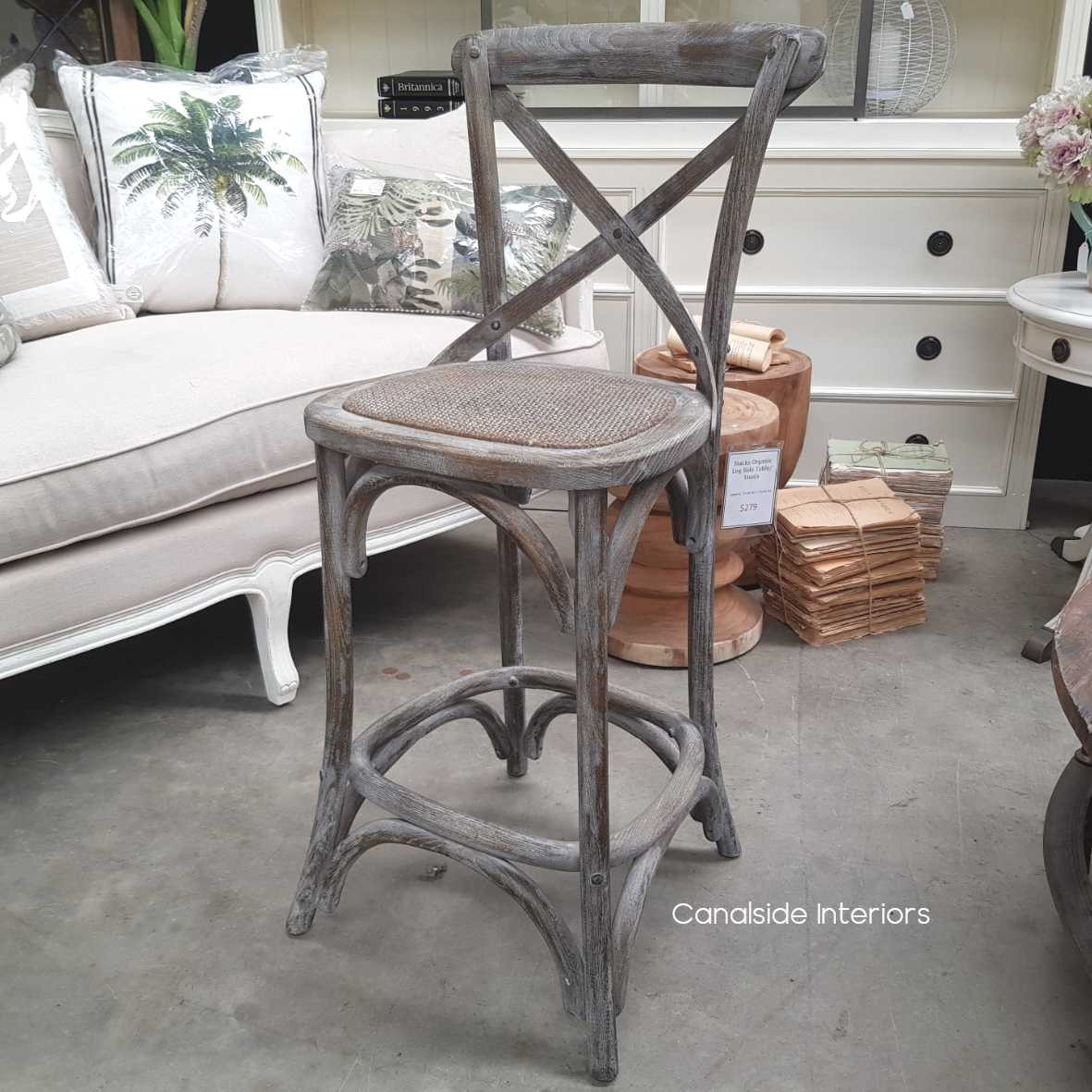 Frontal view of the Distressed Grey Oak Cross Back Kitchen Stool, reflecting Hamptons luxury in your dining room, from Canalside Interiors