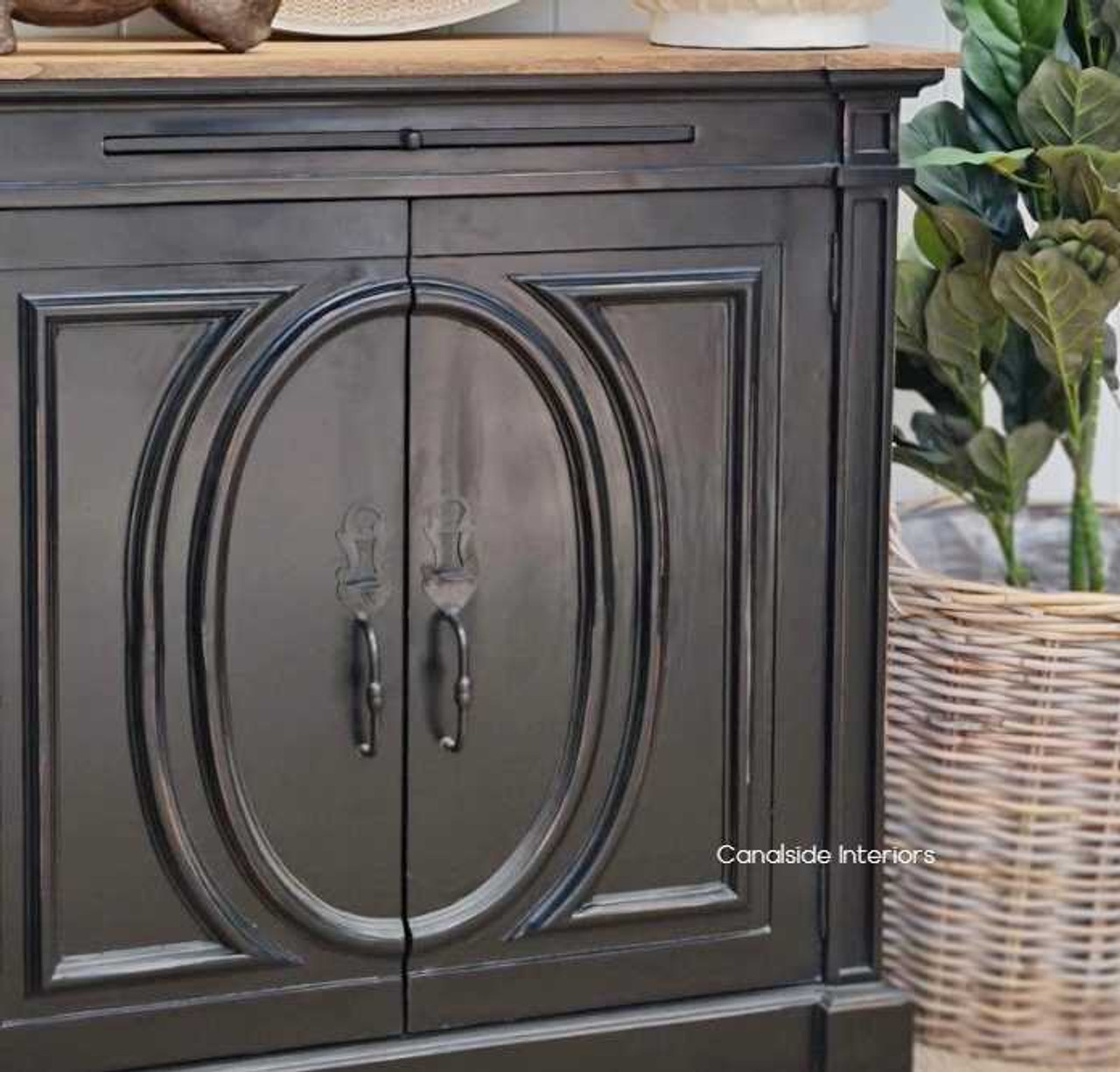 Close-up of the hardware details on the sideboard, showcasing the quality and attention to detail that Canalside Interiors is known for.