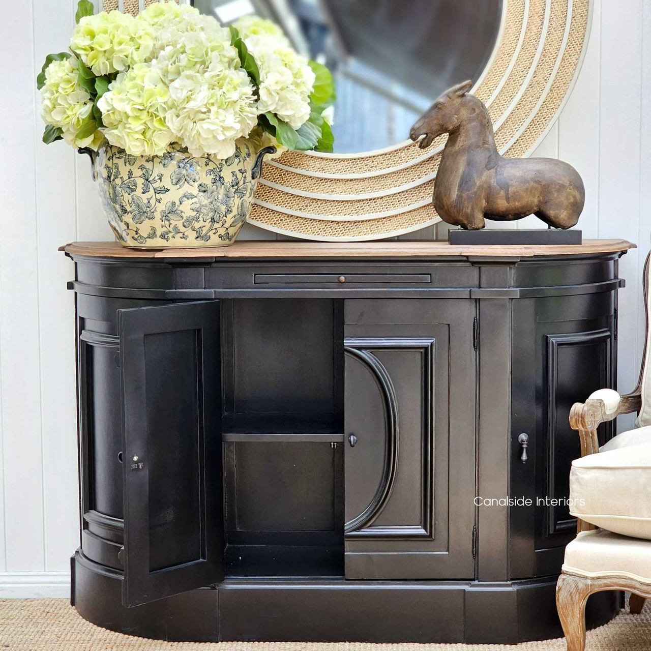 Elegant sideboard with open storage shelves, highlighting functional design with traditional Hamptons style - Canalside Interiors
