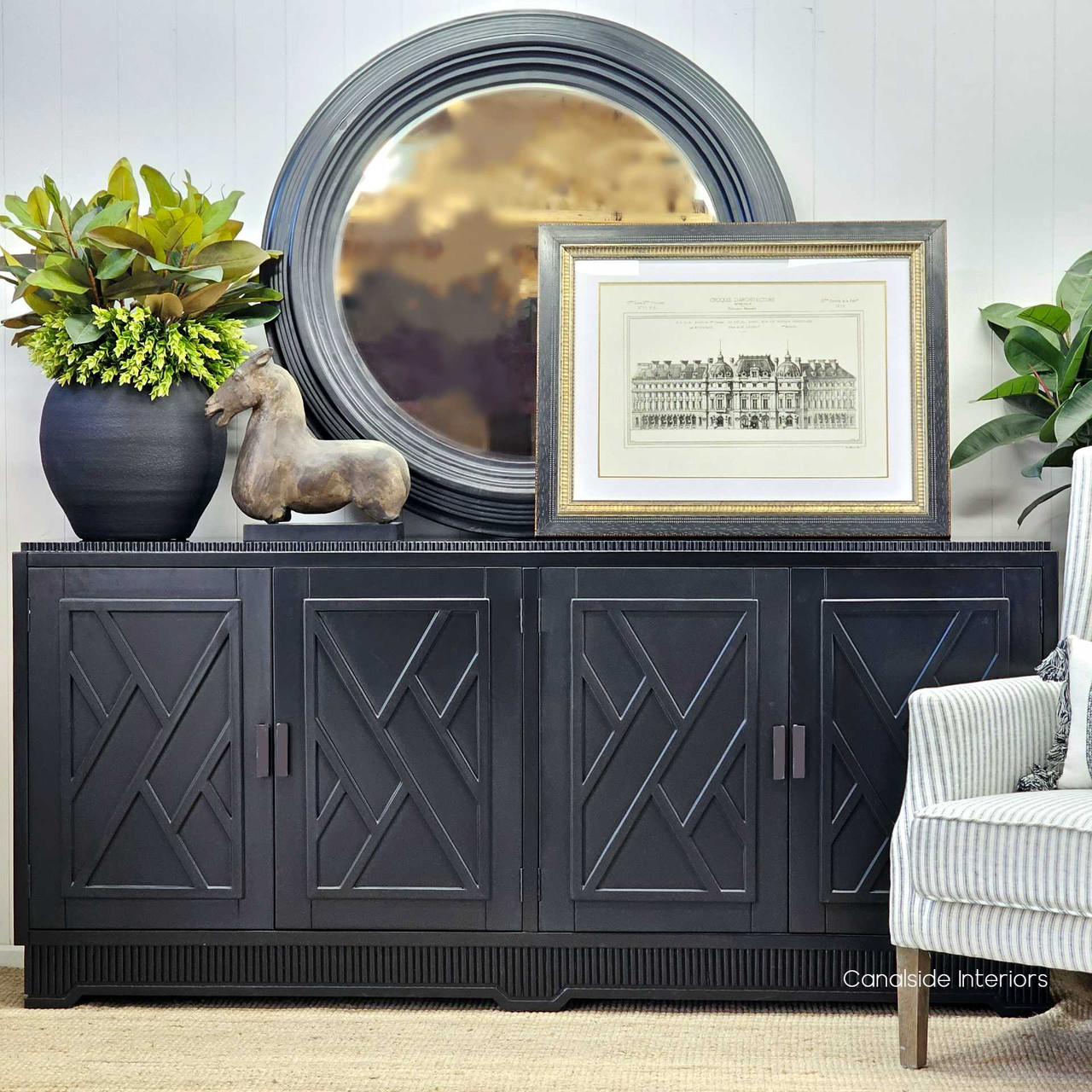 Ellery 4 Door Sideboard in Distressed Black exudes Chinoiserie charm, perfect for adding Hollywood glam to living rooms - Canalside Interiors