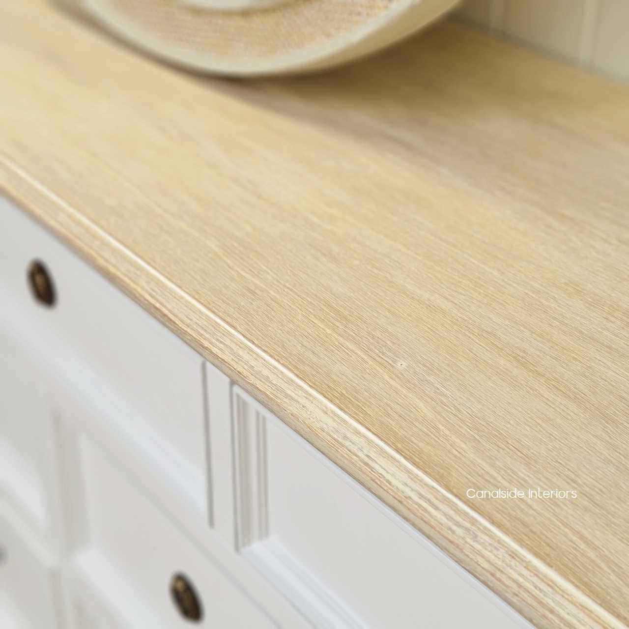 Close-up on the limewash top, highlighting the unique texture and craftsmanship, perfect for adding character to your home.