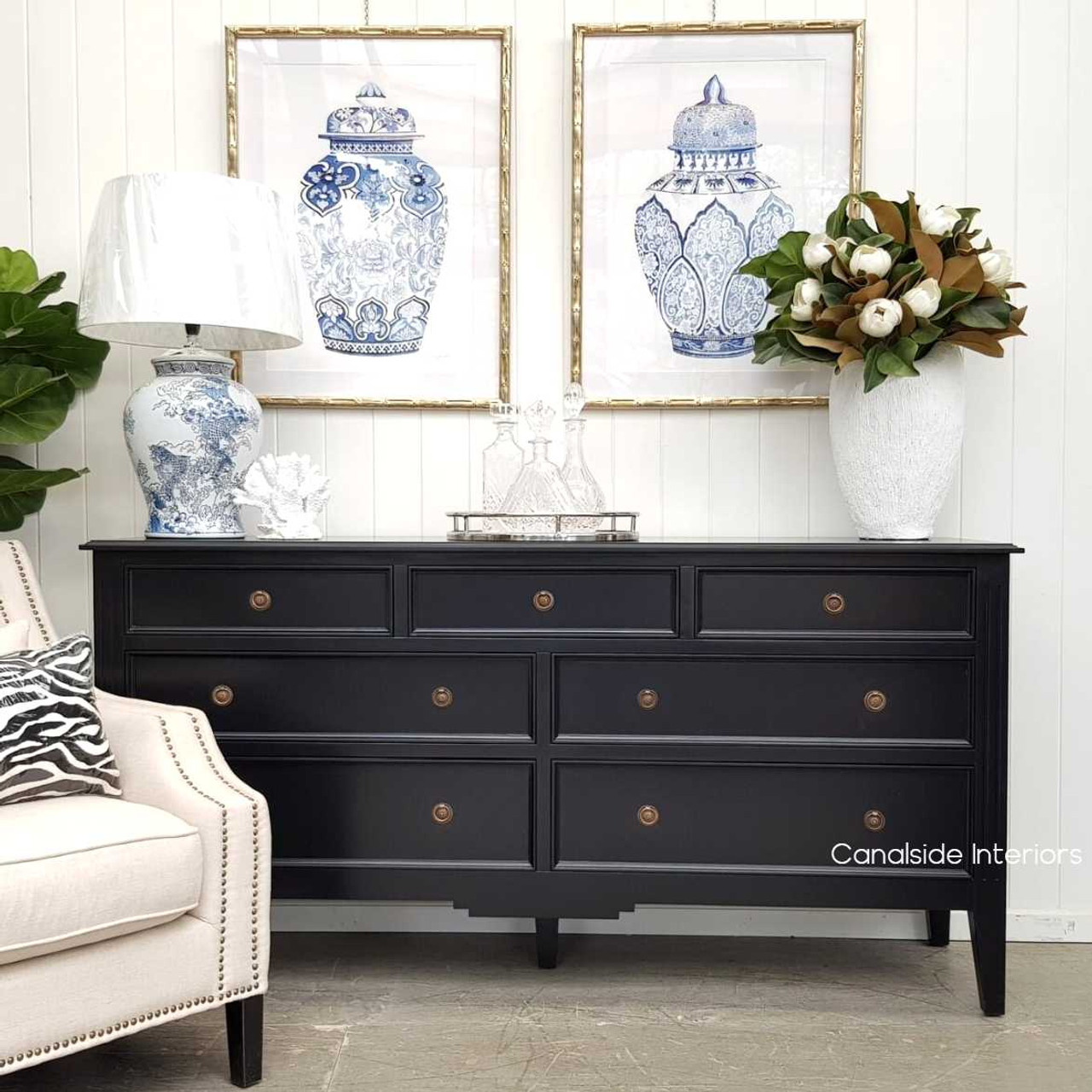 Front view of the Peninsula Range Sideboard in black, showcasing its elegant design and minor distressing for a touch of charm.