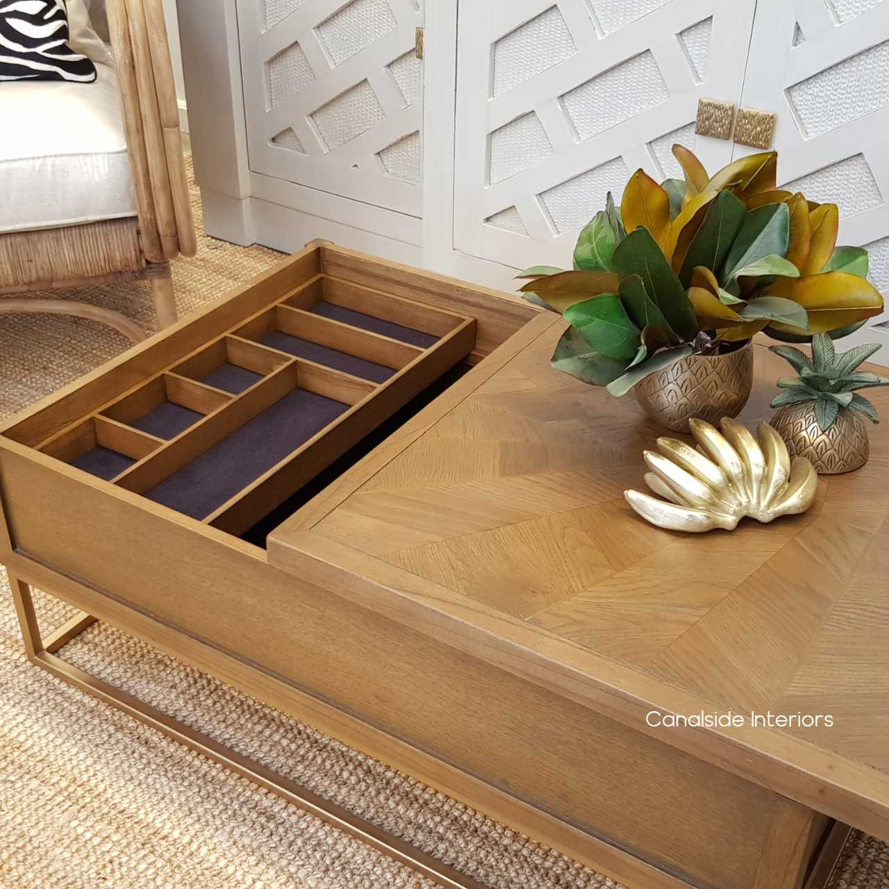 Huxley Mosaic Gold Inlay Coffee Table with Storage TABLES, TABLES Coffee Tables, LIVING Room, LIVING Coffee & Side Tables Plantation Hamptons