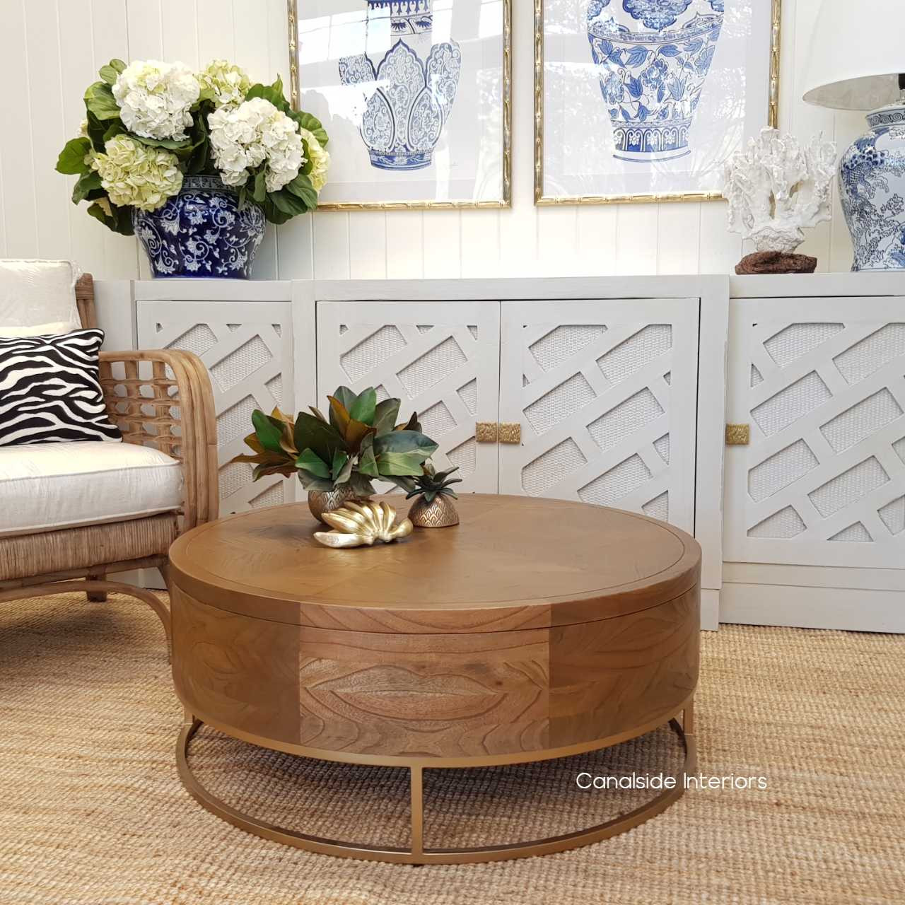 Huxley Mosaic Gold Inlay Round Coffee Table with Storage TABLES, TABLES Coffee Tables, LIVING Room, LIVING Coffee & Side Tables Plantation Hamptons