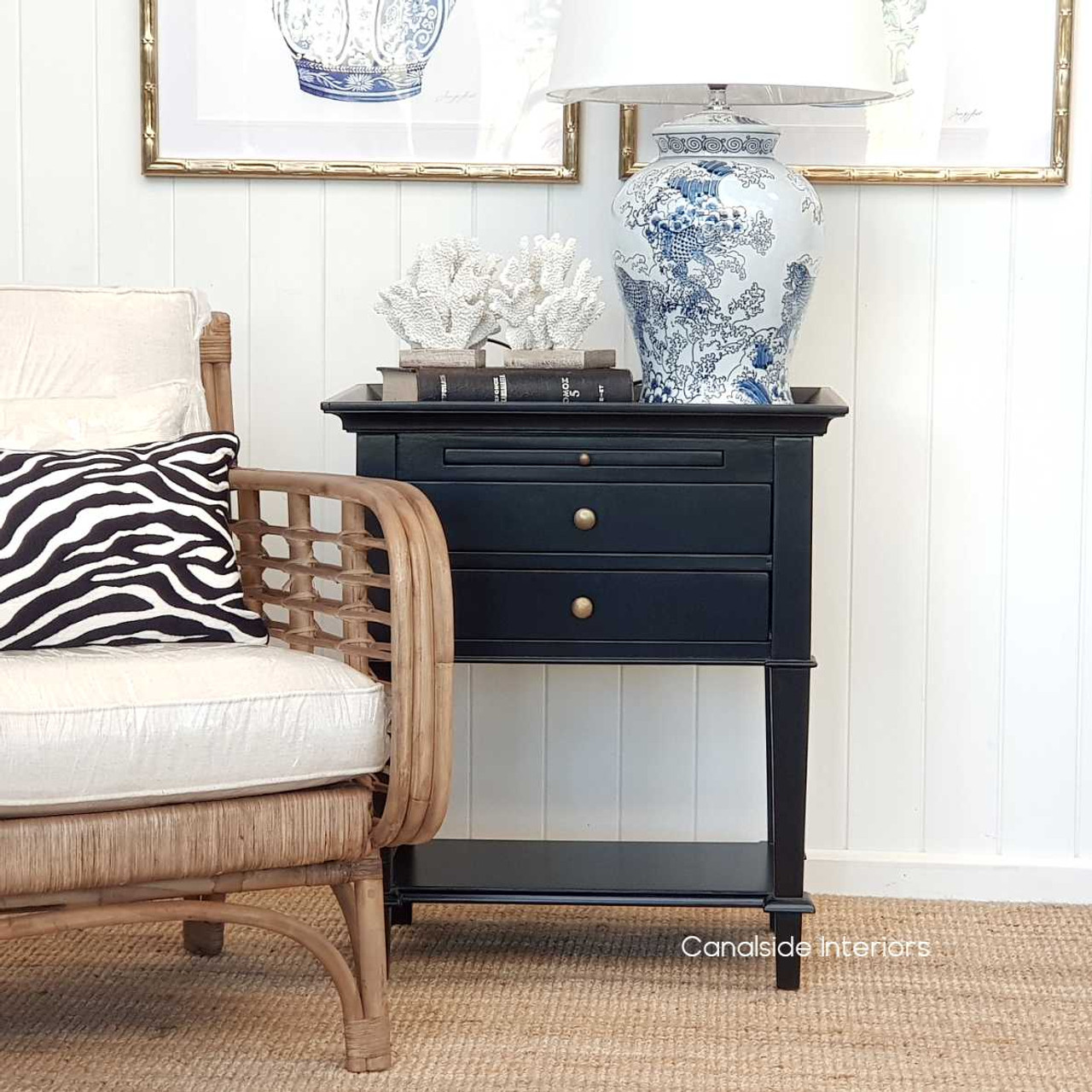 The Butler Side Table / Bedside in black, showcasing its elegant tray top moulding and minor distressed finish.