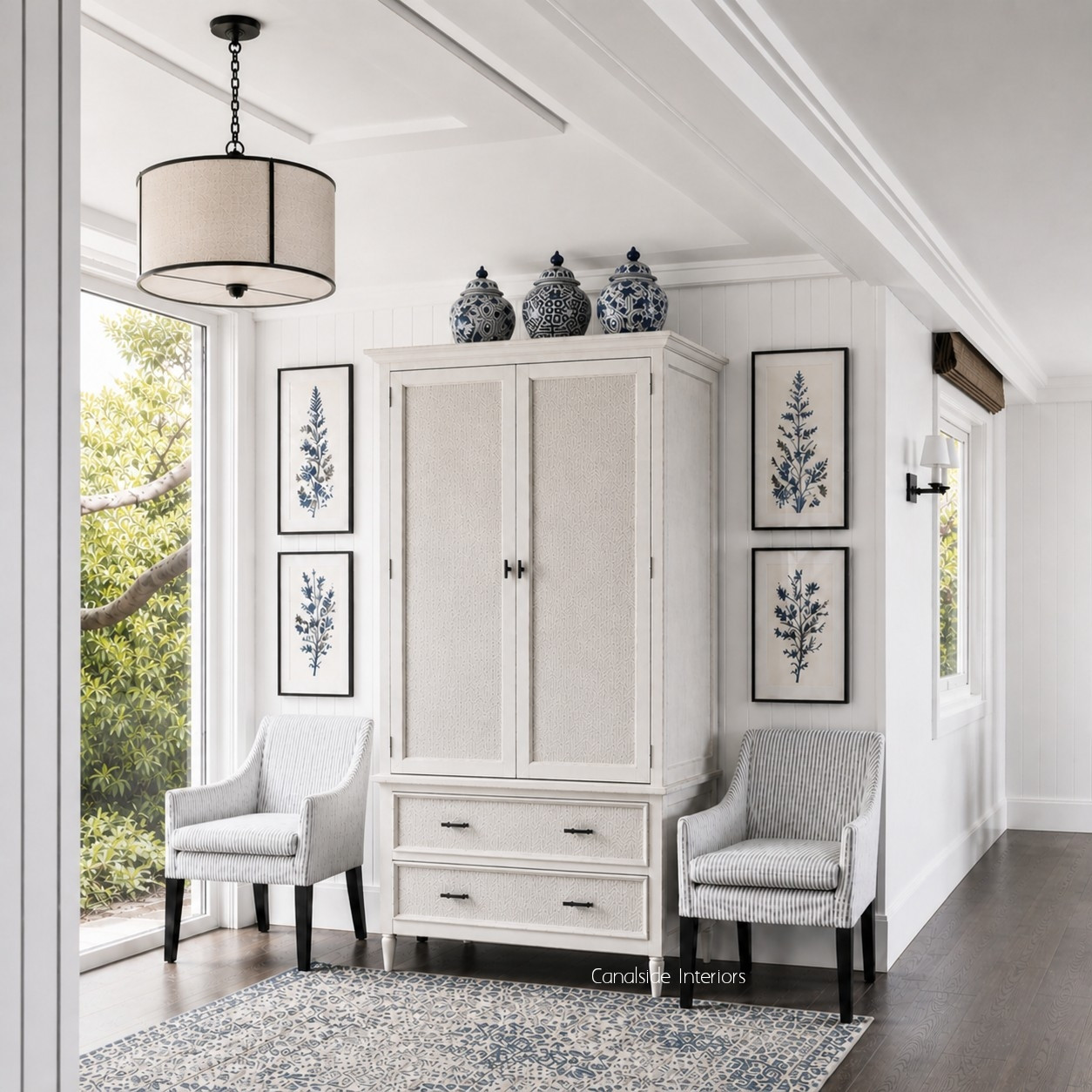Angled perspective of the Brielle Rattan Wardrobe Cupboard in situ capturing the wardrobe's elegant stature and the intricate details of its rattan design.