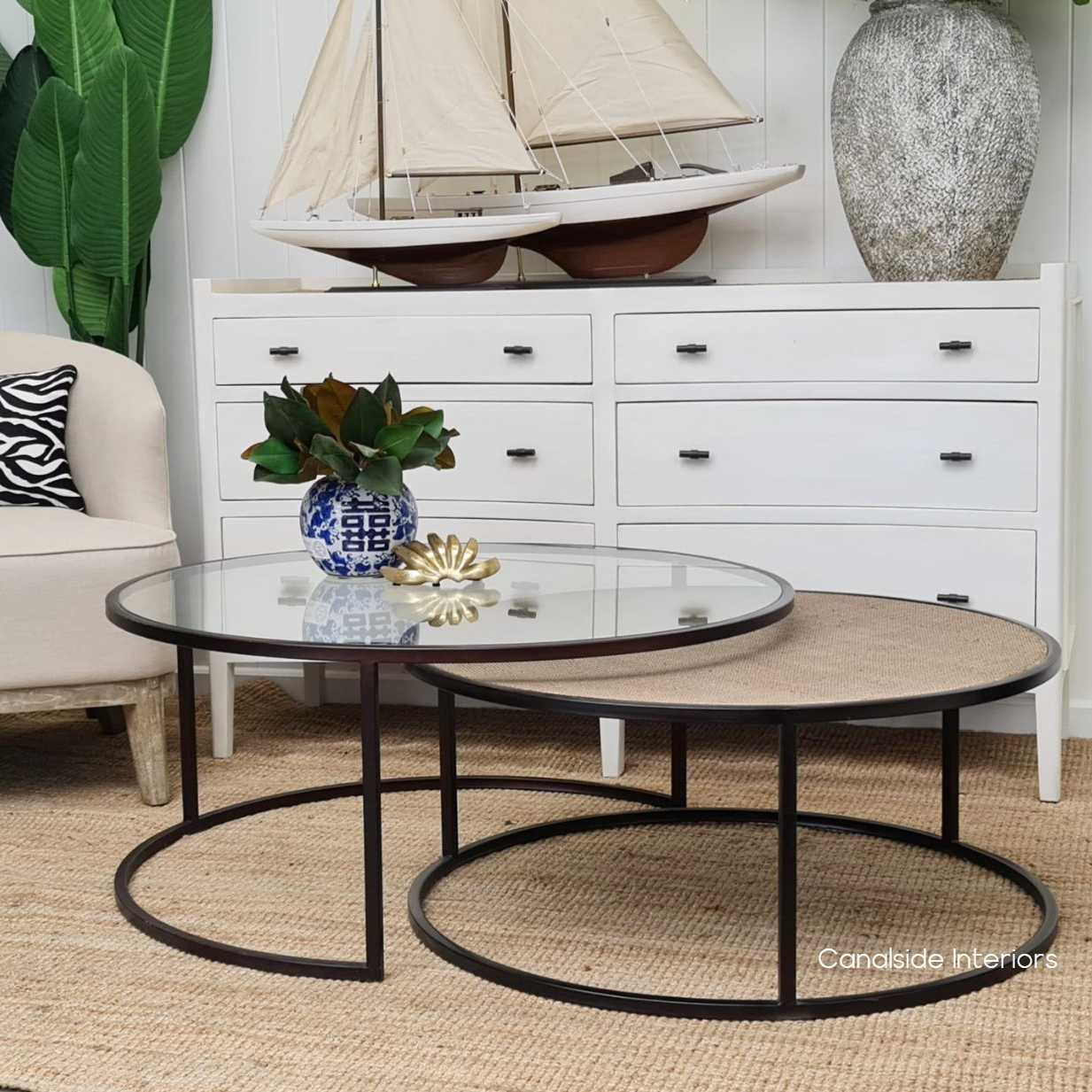 Maximize your living space with the Knox Coffee Tables, their tempered glass and rattan tops nested in a stylish brass frame â€“ Canalside Interiors