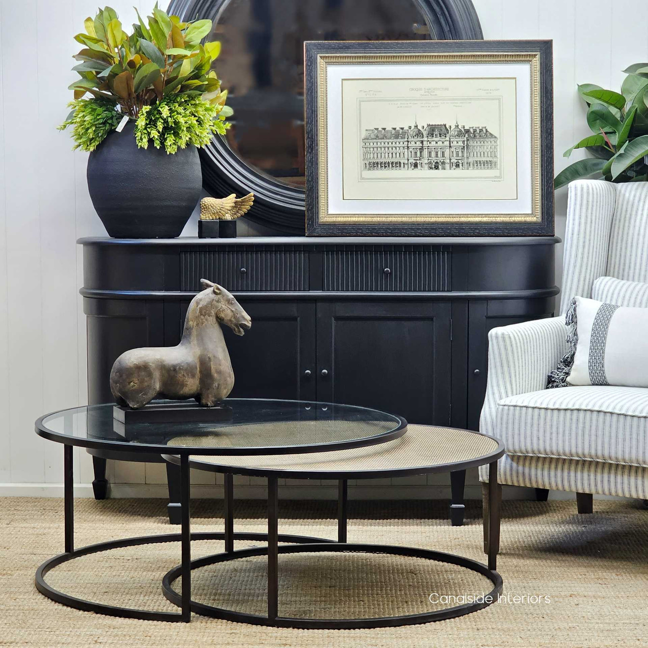 Canalside Interiors presents the Knox Coffee Tables: the perfect blend of distressed brass and glass, infusing classical sophistication into your living room