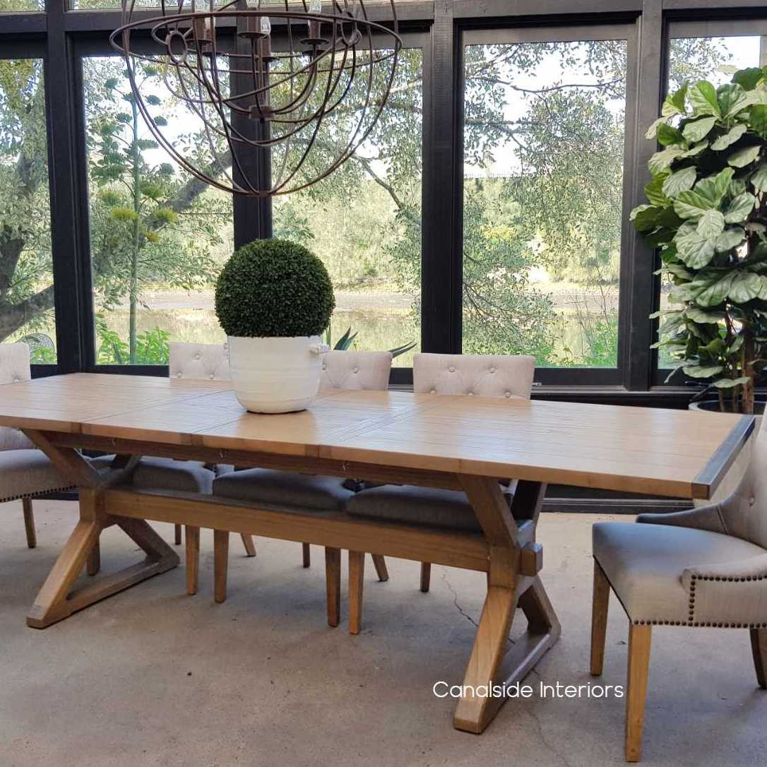 Catalina Double Extension Dining Table X-Base Cross Base metal detail tables, extension tables, hamptons, hamptons table, provincial, plantation, dining tables, trestle base, dining room, nautical, coastal