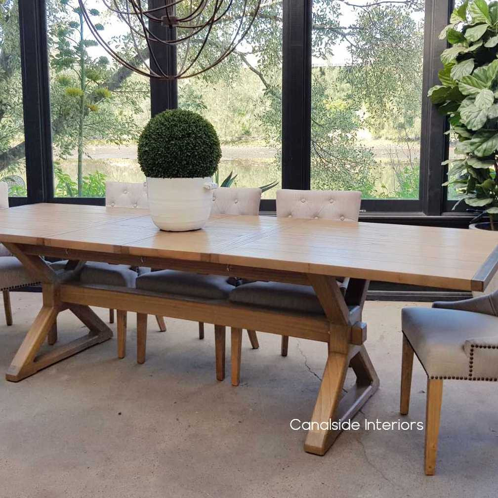 Catalina Double Extension Dining Table X-Base Cross Base metal detail tables, extension tables, hamptons, hamptons table, provincial, plantation, dining tables, trestle base, dining room, nautical, coastal