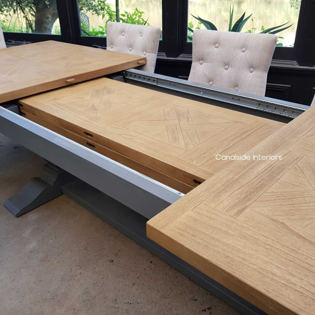 Balmoral Parquetry Double Extension Dining Table tables, extension tables, hamptons, hamptons table, provincial, plantation, dining tables, trestle base, dining room