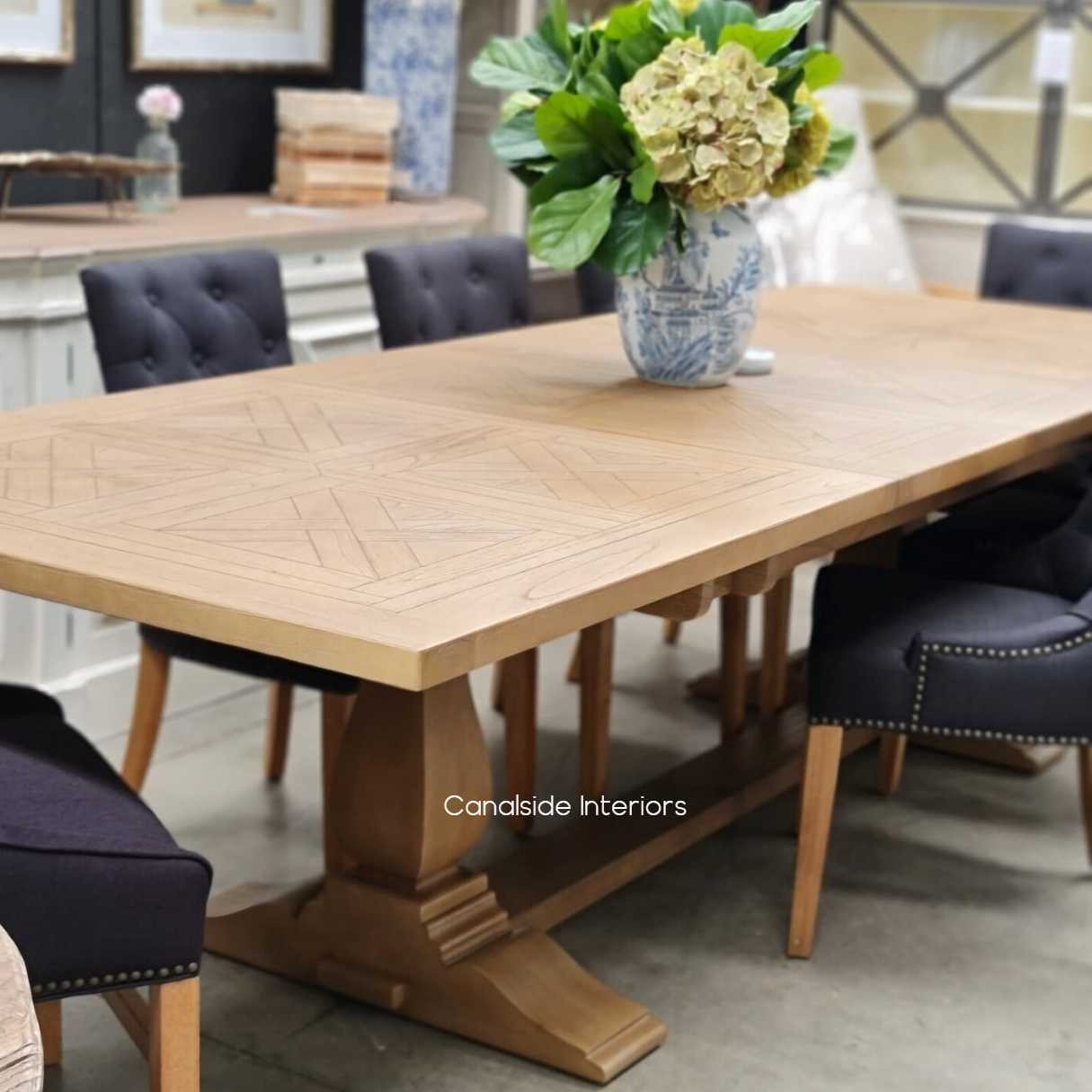 Balmoral Parquetry Double Extension Dining Table tables, extension tables, hamptons, hamptons table, provincial, plantation, dining tables, trestle base, dining room