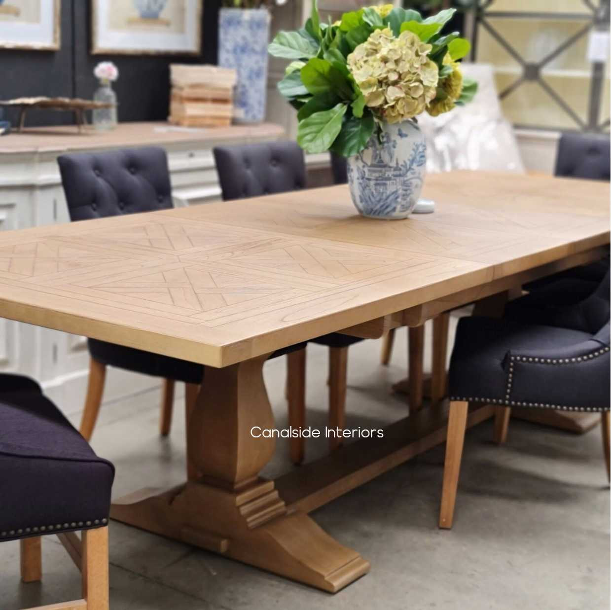 Balmoral Parquetry Double Extension Dining Table tables, extension tables, hamptons, hamptons table, provincial, plantation, dining tables, trestle base, dining room