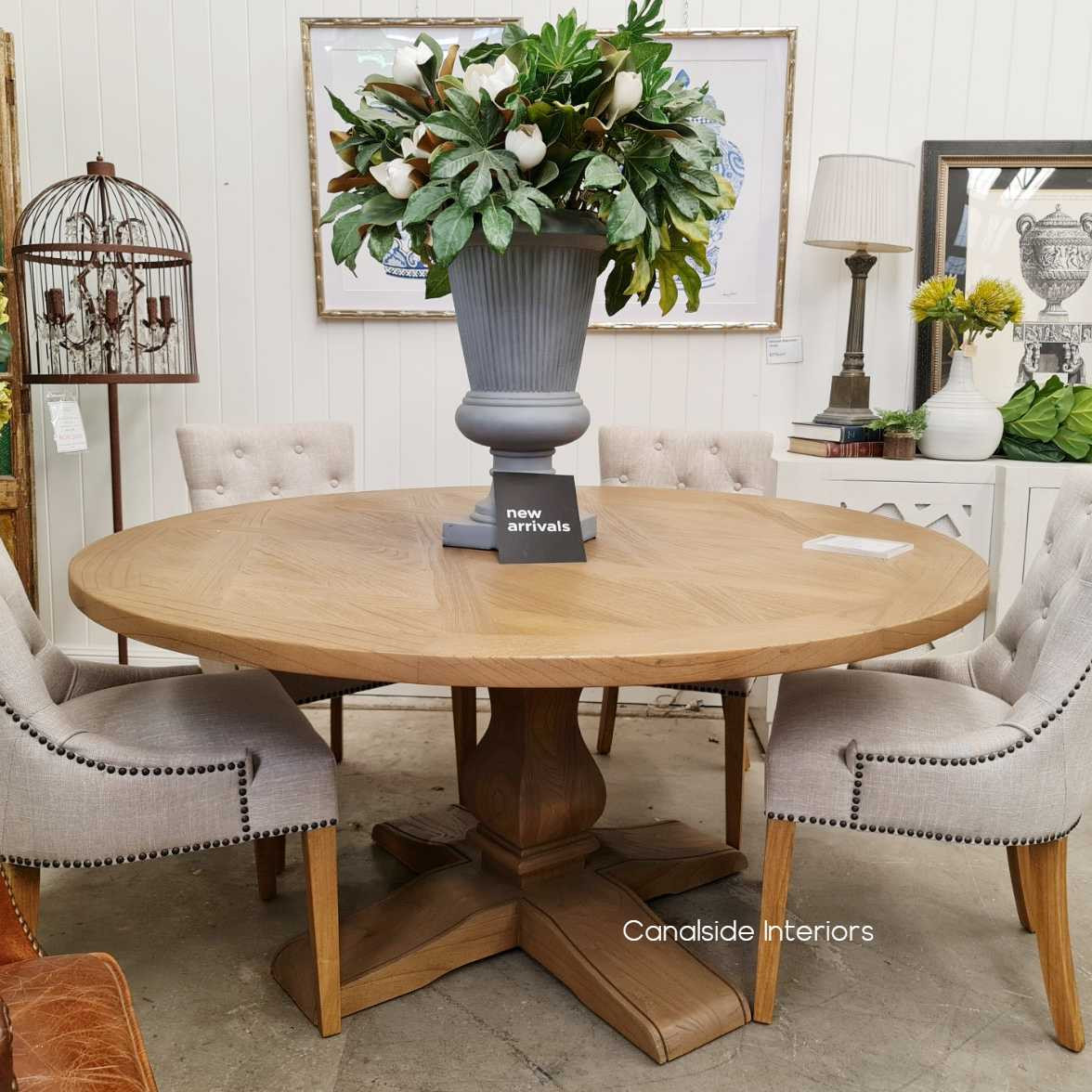 Lennox Parquetry Round Dining Table tables, hamptons, hampton table, provincial, plantation, dining tables, trestle base, dining room