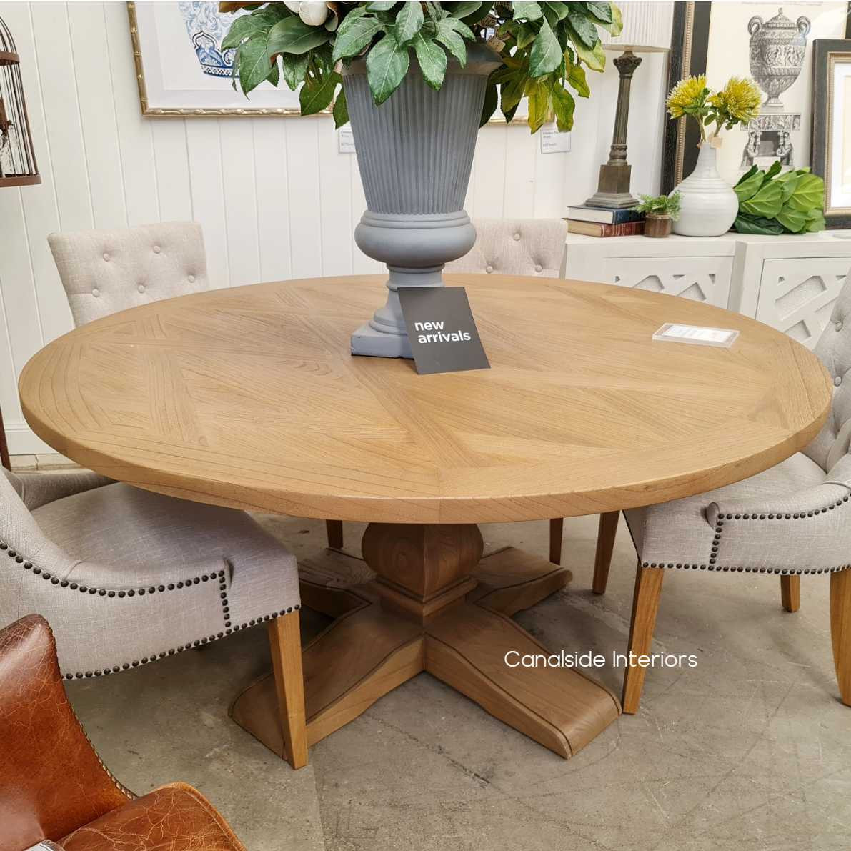Lennox Parquetry Round Dining Table tables, hamptons, hampton table, provincial, plantation, dining tables, trestle base, dining room