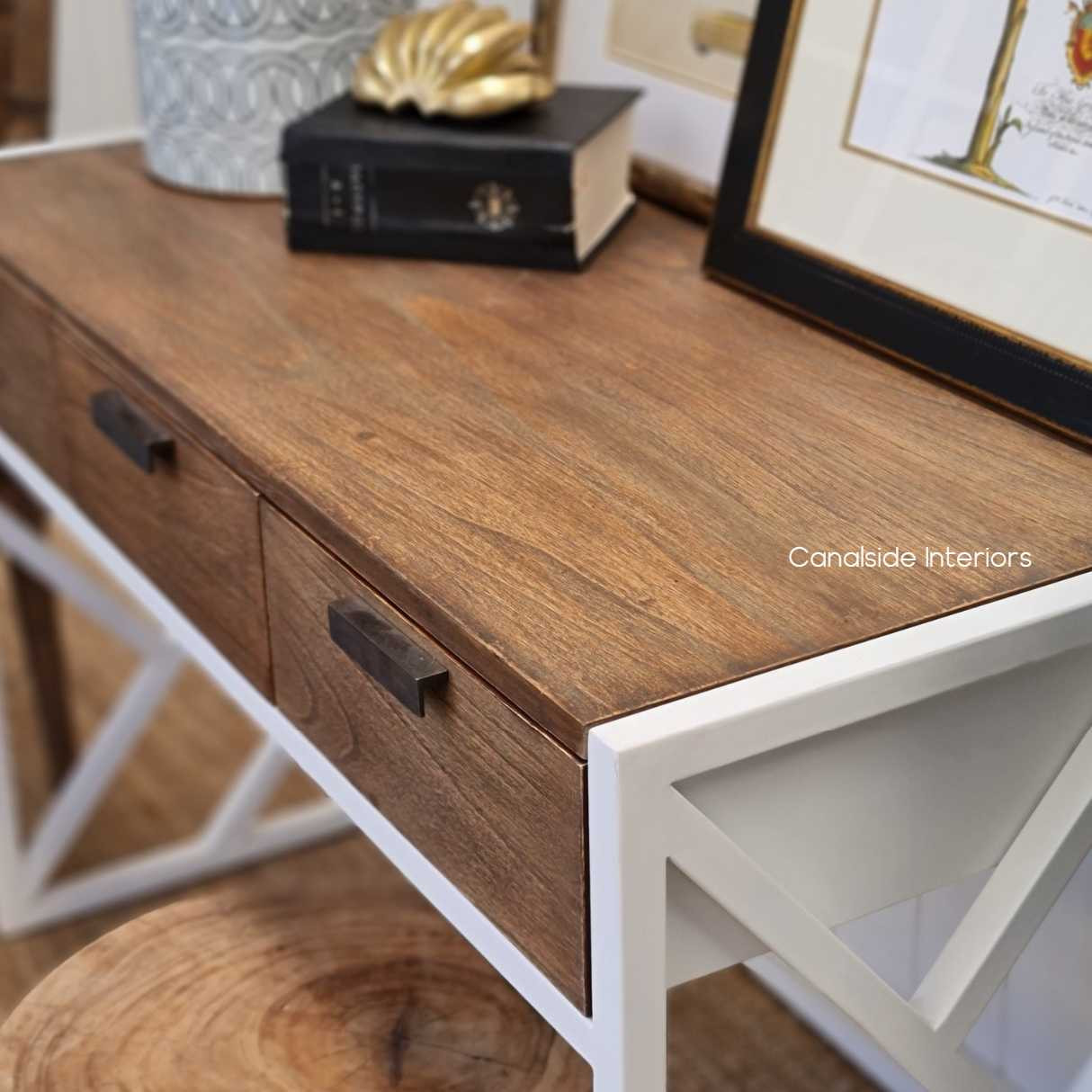 Botanique Desk Distressed White with walnut Drawers  TABLES, STORAGE Consoles & Desks, BEDROOM Bedsides, PLANTATION STYLE chinoiserie