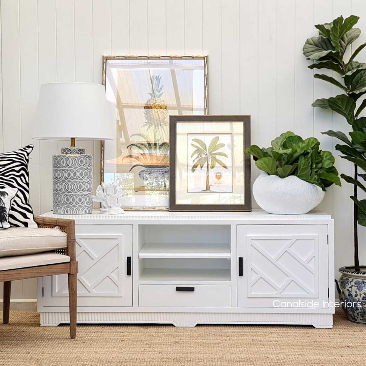 Ellery 2 Door TV Unit in white with minor distressing, combining Hollywood glam with Chinoiserie elegance for the living room - Canalside Interiors