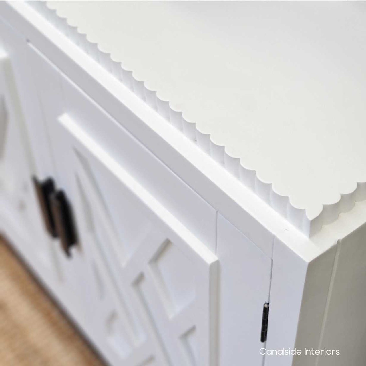 The hand-crafted elegance of the white Ellery TV Unit, a chic and functional piece for Sydney's modern home offices - Canalside Interiors.