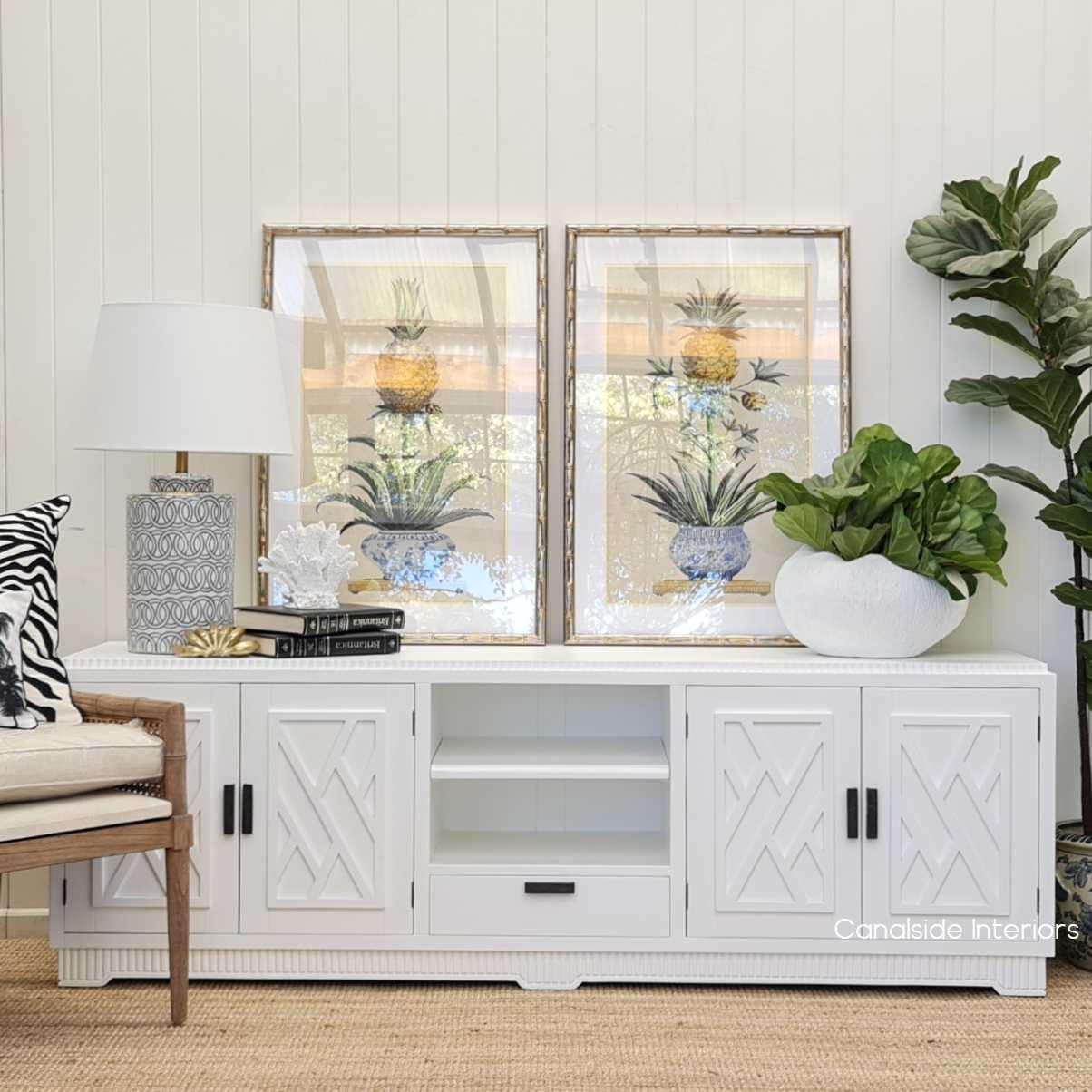 Front view of the white Ellery 4 Door TV Unit with minor distressing, embodying Hollywood Chinoiserie glam for the living room - Canalside Interiors