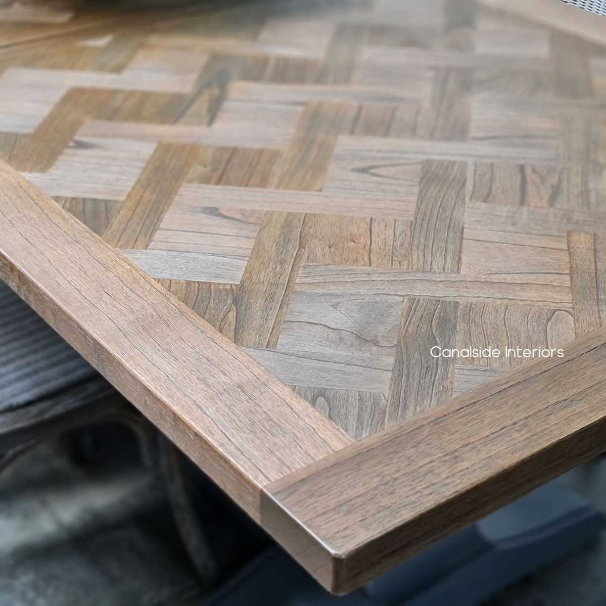 Chantilly Parquetry Double Extension Dining Table Grey Base tables, extension tables, hamptons, hamptons table, provincial, plantation, dining tables, trestle base, dining room