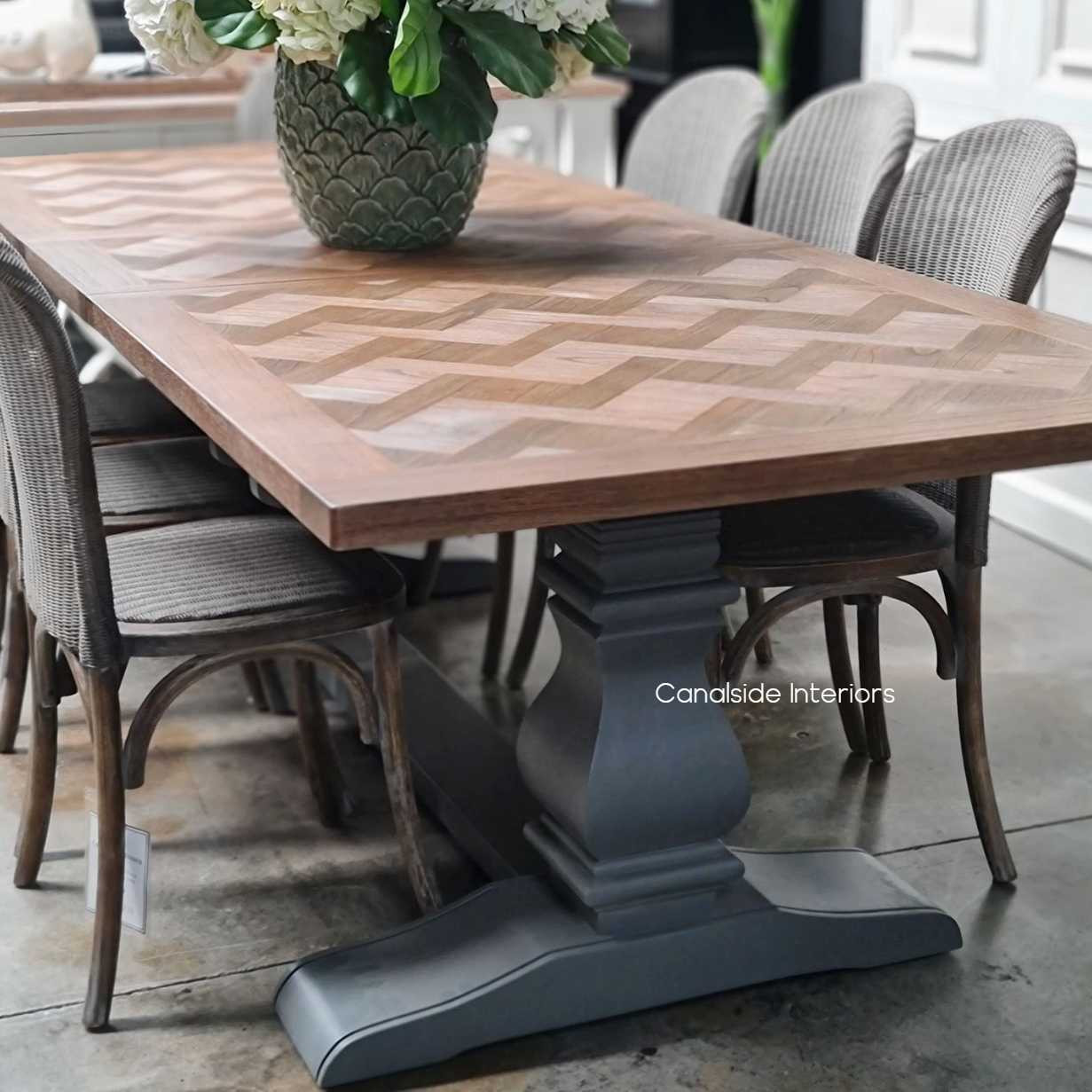 Chantilly Parquetry Double Extension Dining Table Grey Base tables, extension tables, hamptons, hamptons table, provincial, plantation, dining tables, trestle base, dining room