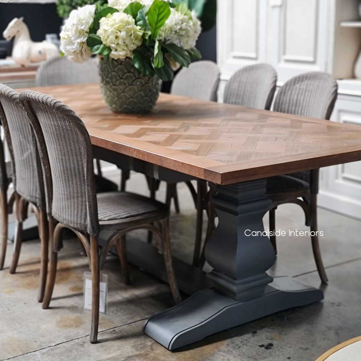 Chantilly Parquetry Double Extension Dining Table Grey Base tables, extension tables, hamptons, hamptons table, provincial, plantation, dining tables, trestle base, dining room