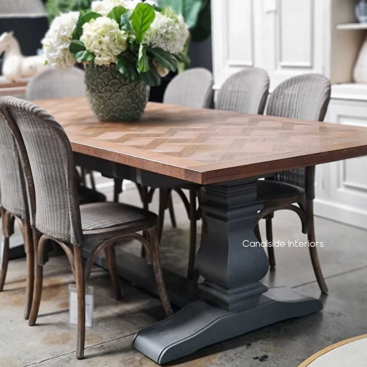 Chantilly Parquetry Double Extension Dining Table Grey Base tables, extension tables, hamptons, hamptons table, provincial, plantation, dining tables, trestle base, dining room