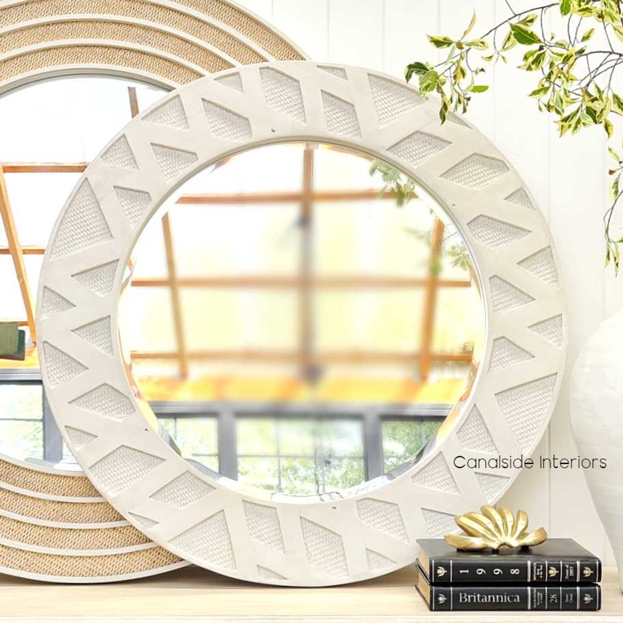 Elevated view capturing the mirror's substantial diameter, perfect for creating a focal point in living rooms or entryways.