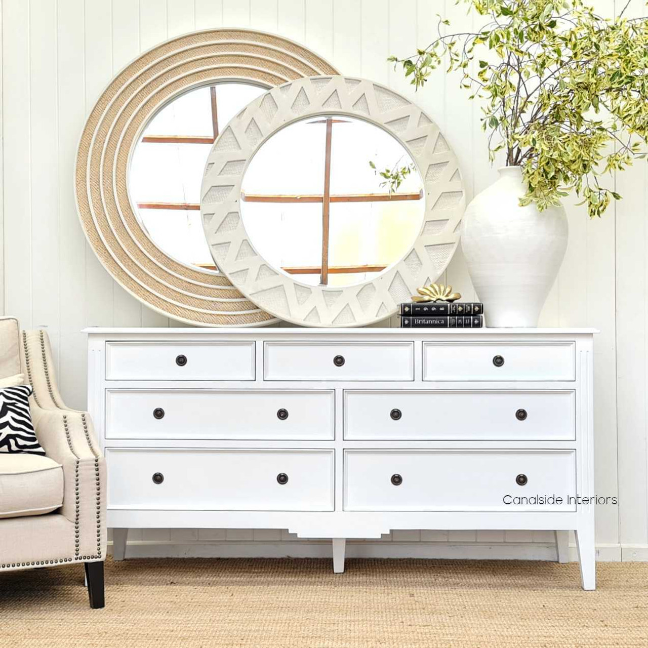 The mirror set against a Hamptons-style interior backdrop, illustrating its seamless fit within coastal and classical decor styles