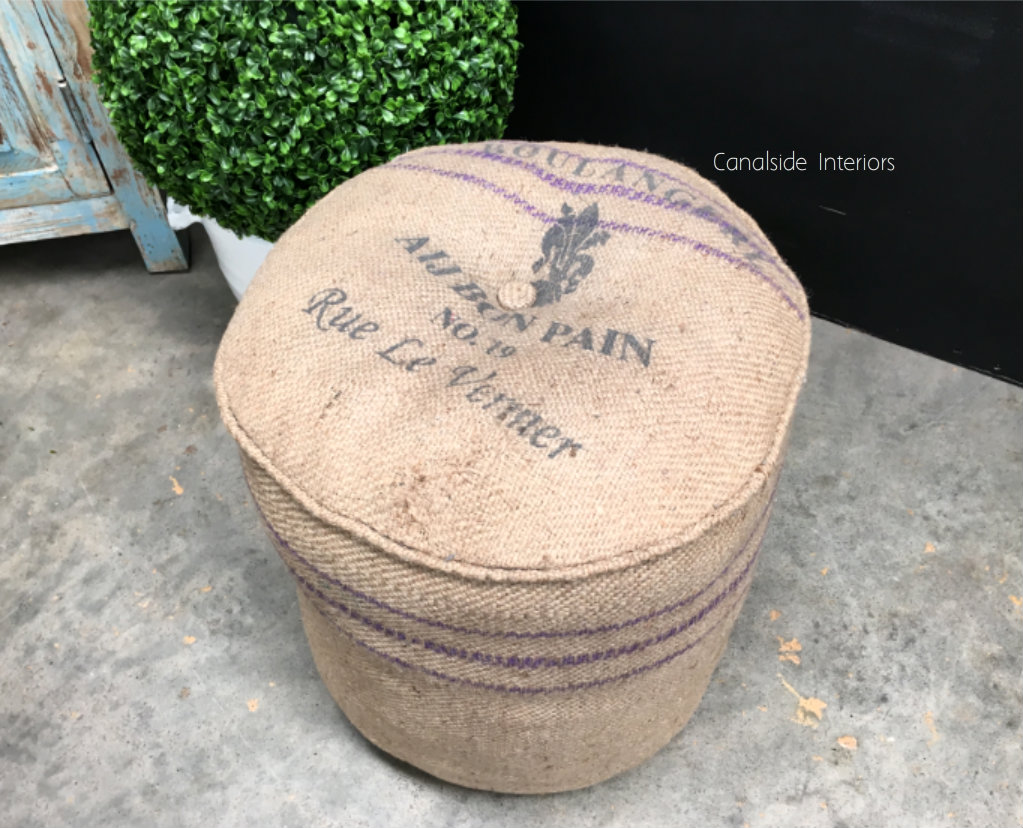 Zoe Hessian Industrial Ottoman Pouf  INDUSTRIAL RUSTIC Style, Recycled Furniture, Accessories, CHAIRS, CAFE FURNITURE, CHAIRS Stools, BEDROOM Headboards & Ottomans, CAFE FURNITURE Stools & Chairs