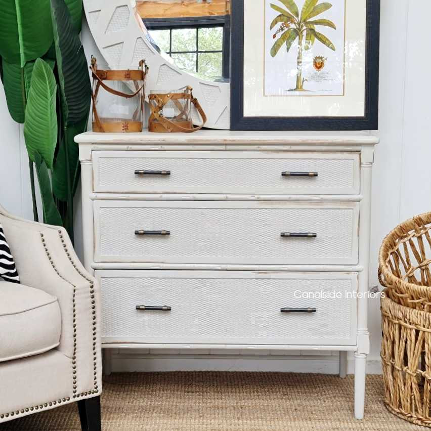 Experience the charm of the Hamptons with the Brielle Rattan Chest - Stone Distressed, a timeless addition to your bedroom, offering spacious storage - Canalside Interior