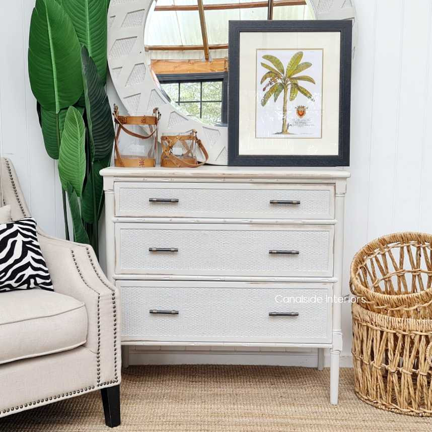 Front view of the Brielle Rattan Chest in Stone, seamlessly blending classical design with modern living room elegance